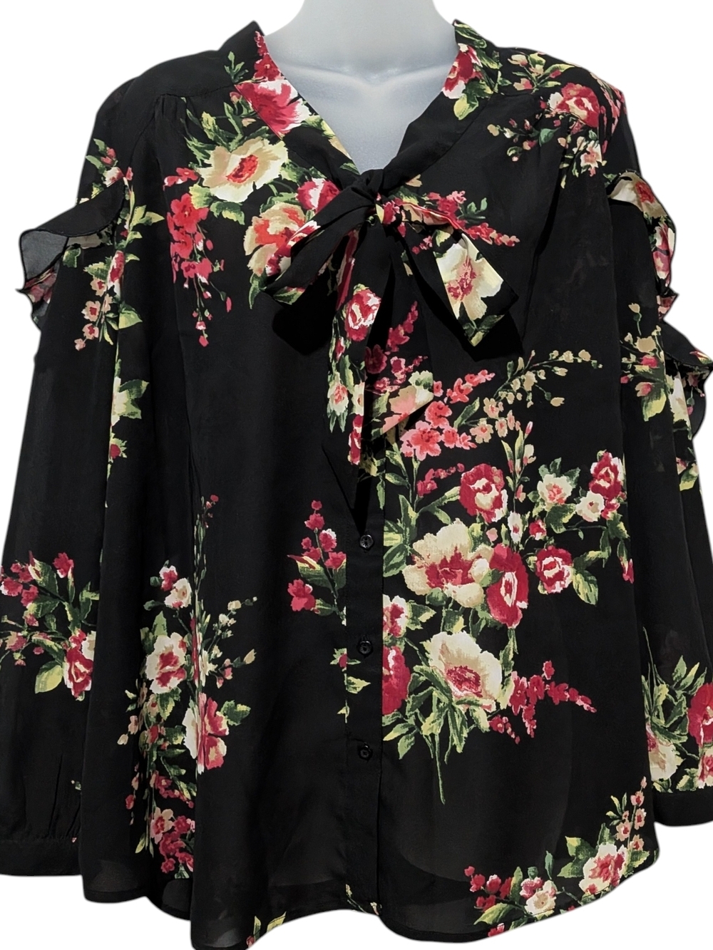 Vintage Roaman's Black Floral Tie-Neck Blouse Ruffle Sleeve Lightweight 18W